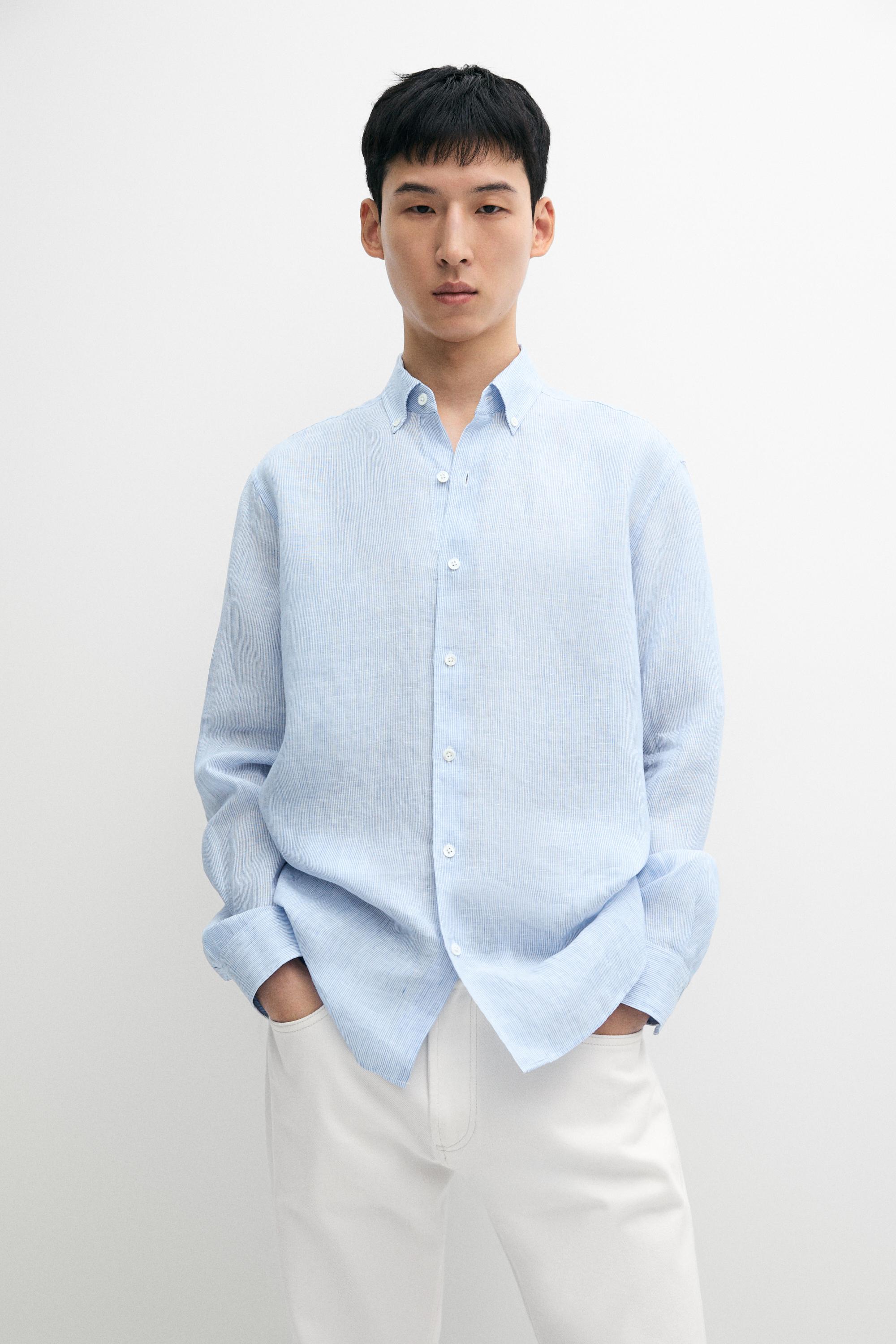 Regular fit pinstriped 100% linen shirt